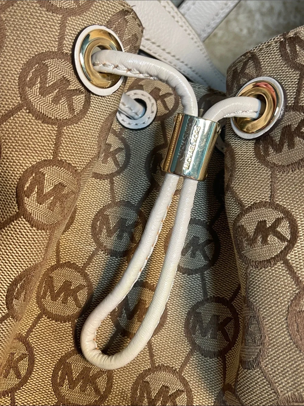 Michael Kors Beige Signature Drawstring Shoulder Bag with White Trim